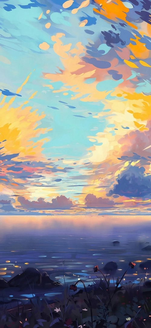 Painting of a vibrant sunset over the ocean