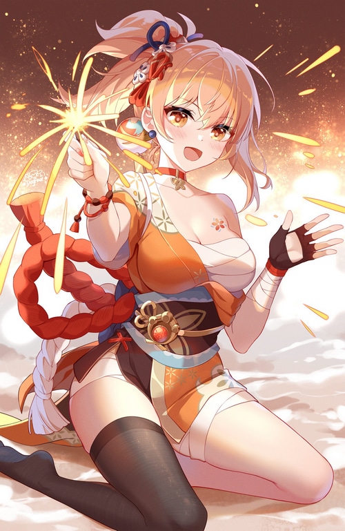 Yoimiya from Genshin Impact holding a sparkler