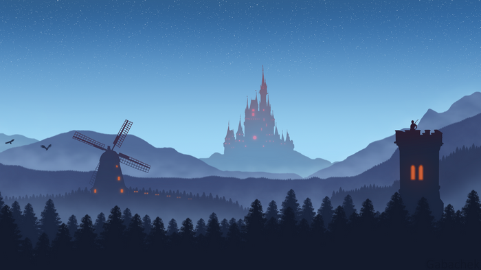 Minimalist landscape with castle, windmill, and tower