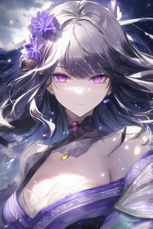 Raiden Shogun from Genshin Impact with purple hair and eyes