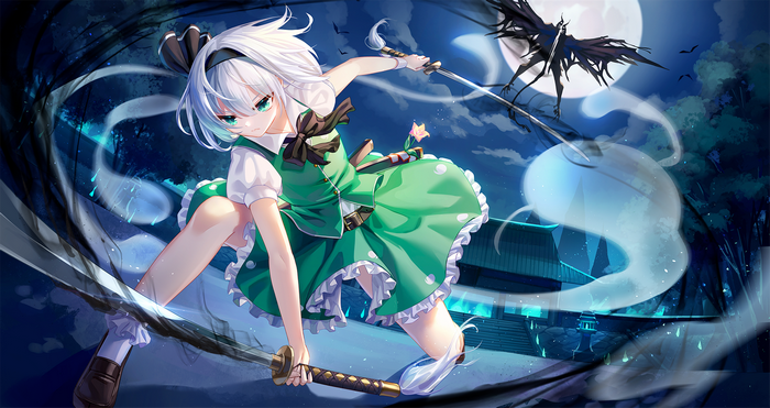 Konpaku Youmu with Sword under the Moon