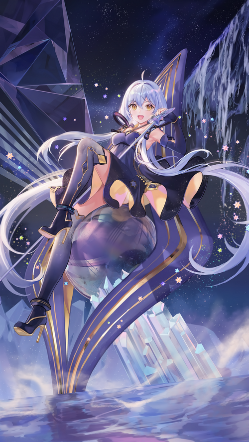 Girl with blue hair and yellow eyes holding a microphone