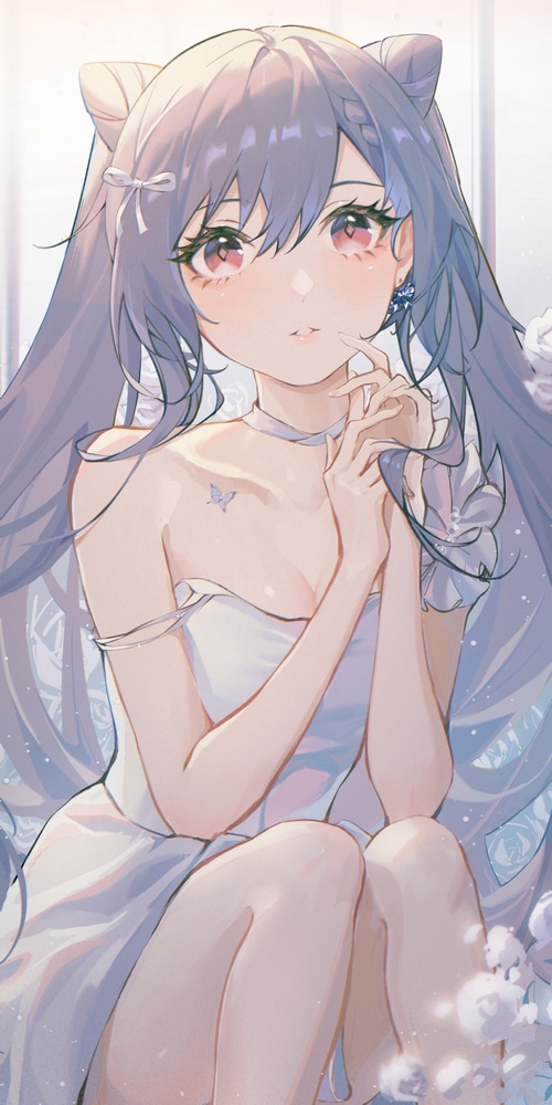 Keqing from Genshin Impact in a white dress