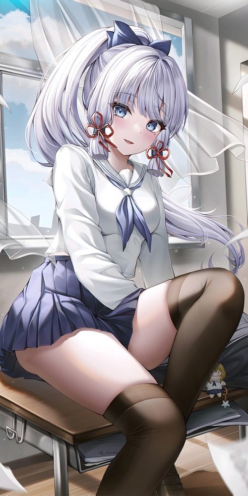 Kamisato Ayaka in a school uniform with stockings