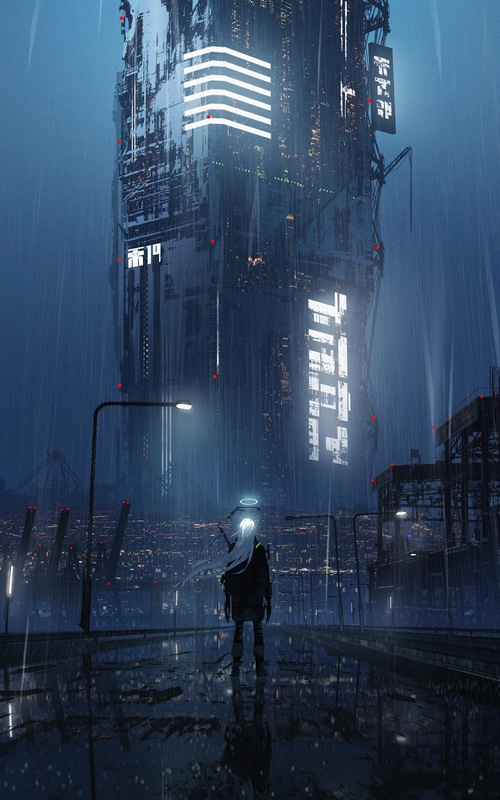Figure in rain before a futuristic skyscraper