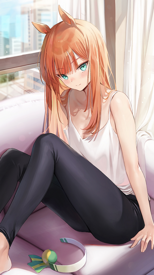 Silence Suzuka from Uma Musume Pretty Derby relaxing indoors