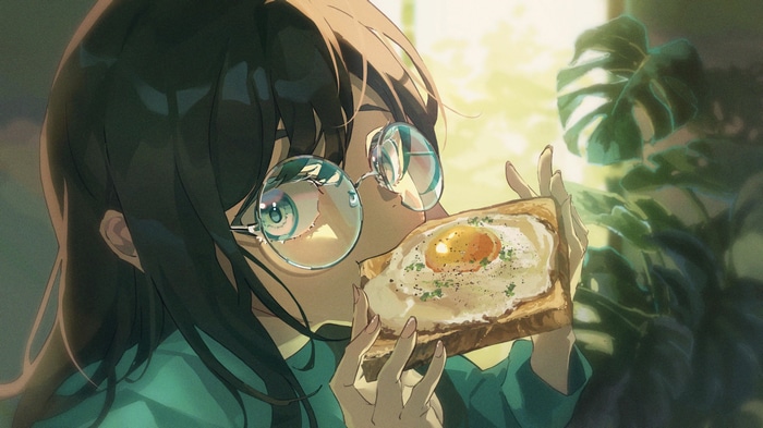 Anime girl with glasses eating toast with egg