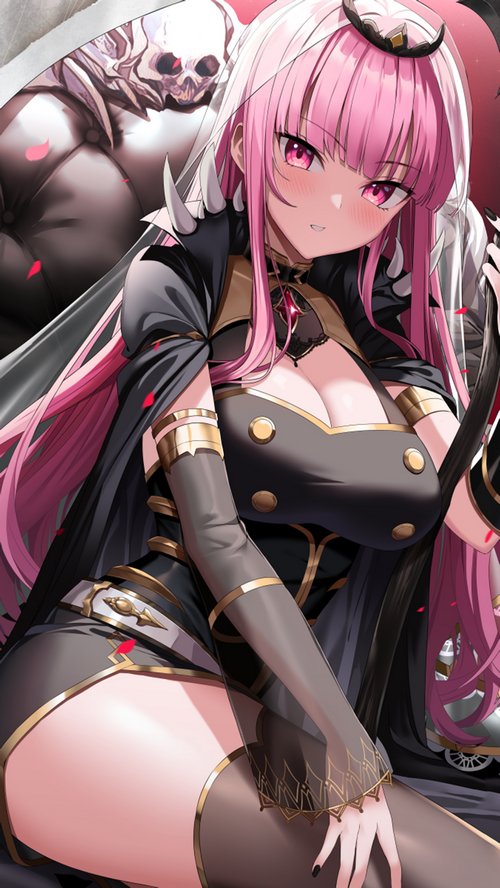 Mori Calliope in a black and gold outfit with pink hair