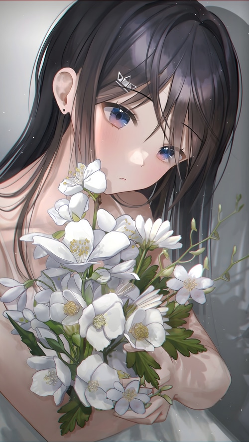 Myowa with a bouquet of white flowers