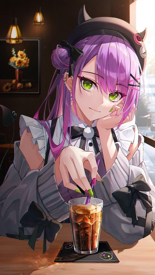 Tokoyami Towa drinking iced coffee at a cafe