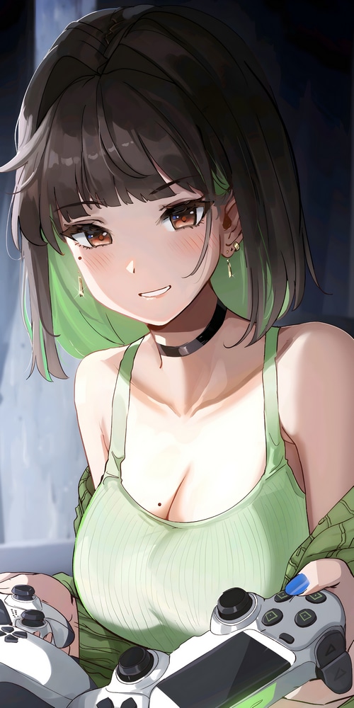 Anime girl with green hair streaks holding game controllers