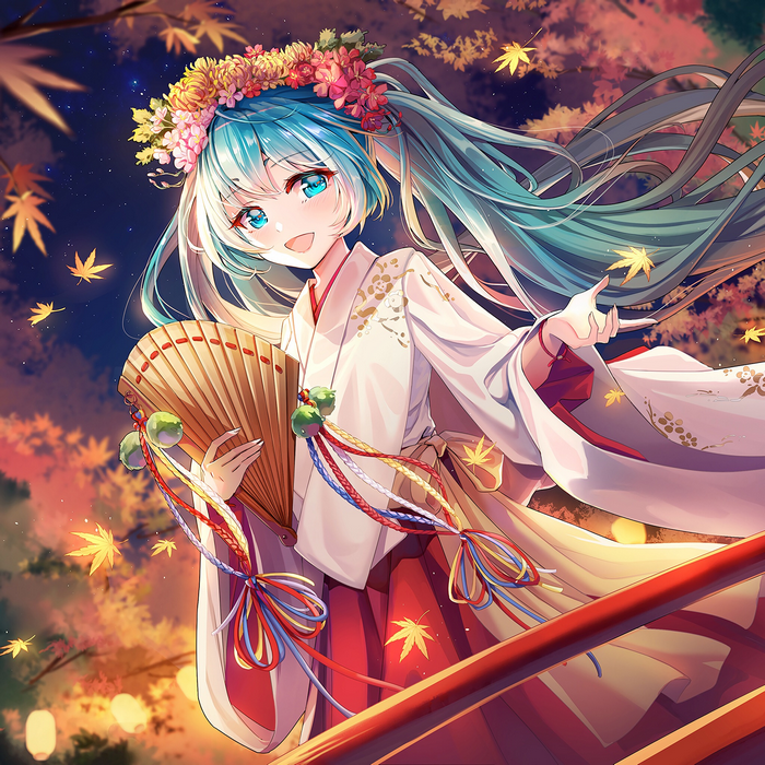 Hatsune Miku in a white kimono with a flower crown