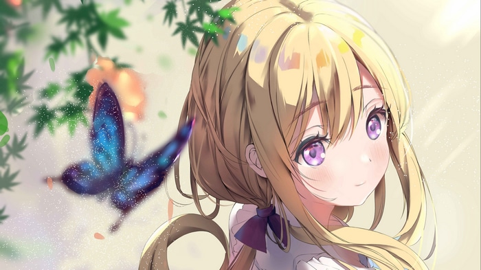 4K anime girl with purple eyes and blonde hair with butterfly
