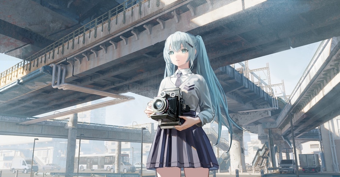 Hatsune Miku with a vintage camera under a bridge