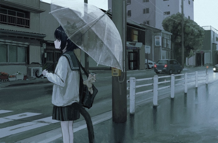 Schoolgirl with cat in bag under umbrella in Japan