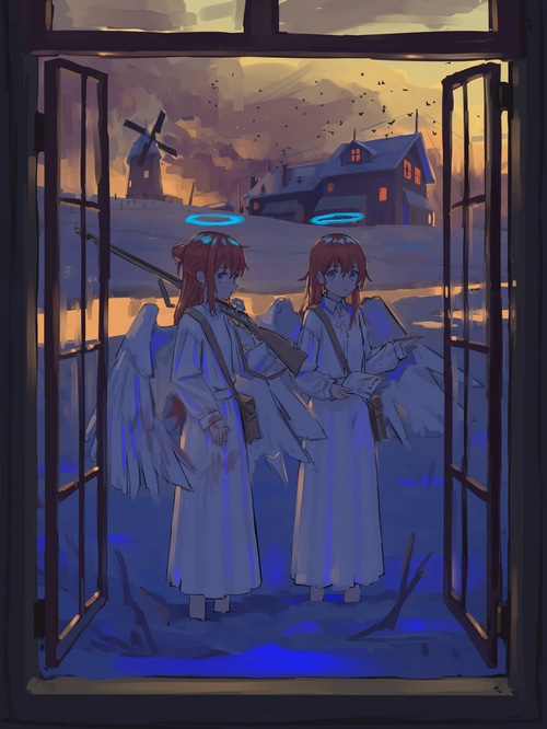 Two angels with rifles in a snowy landscape