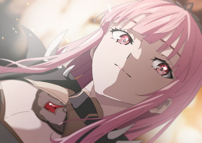 Mori Calliope with pink hair and pink eyes