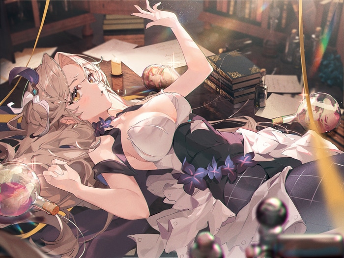 Woman with cat ears lying on a desk with potions