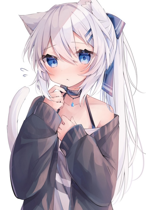 Blue Eyes Necklace Blushing Cat Girl Cat Tail Cat Ears Hd Phone Wallpaper Rare Gallery 2313