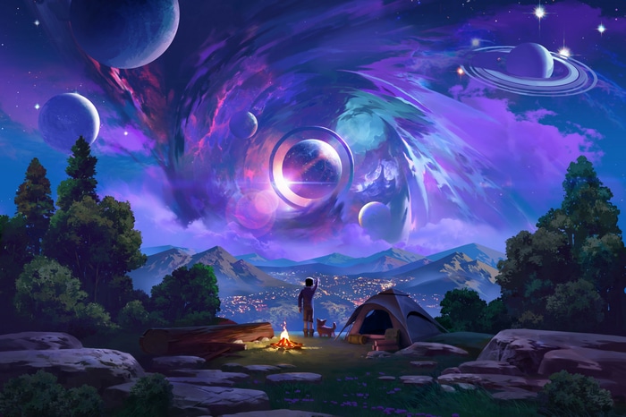 4K Fantasy Galaxy Camping with Planets and Mountains