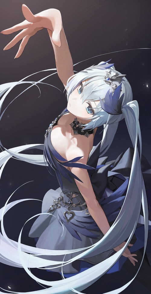 Anime girl with blue hair and twintails in a dress