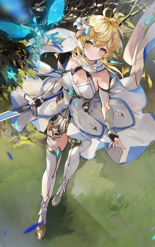 Lumine with sword and blue butterflies in Genshin Impact