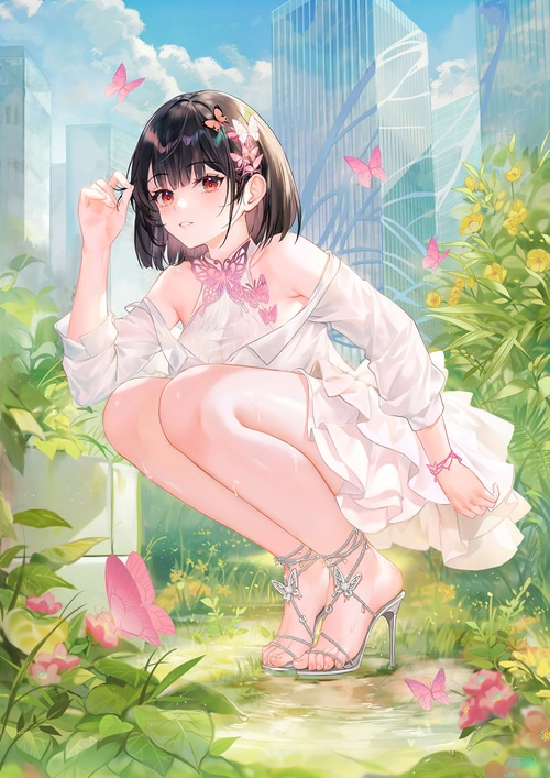Girl with butterflies and heels in a garden
