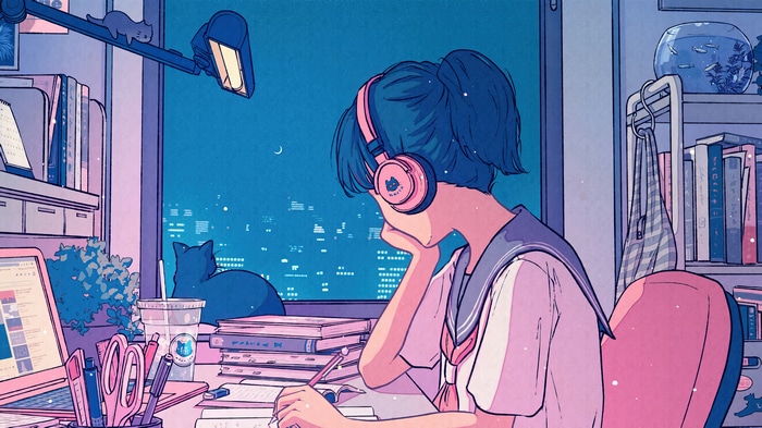 LofiGirl studying at night with headphones and cats
