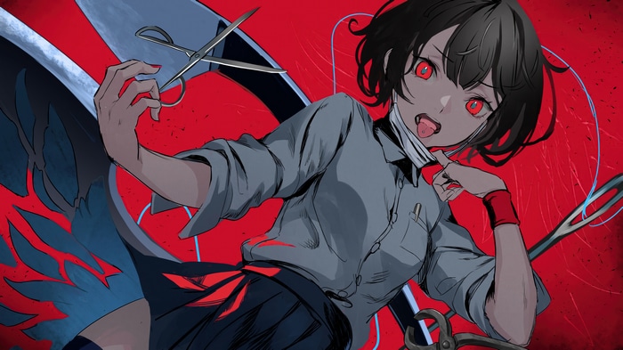 Girl with red eyes and scissors