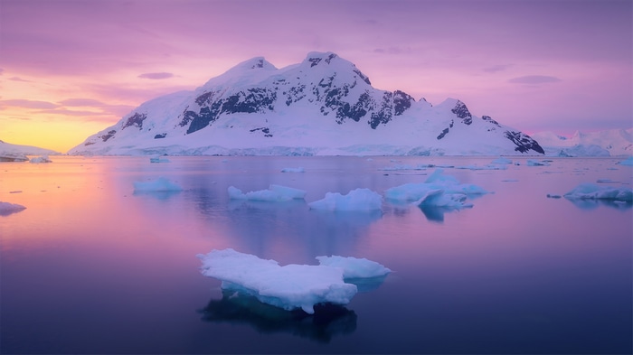 Snowy mountains and icebergs at sunset over the sea