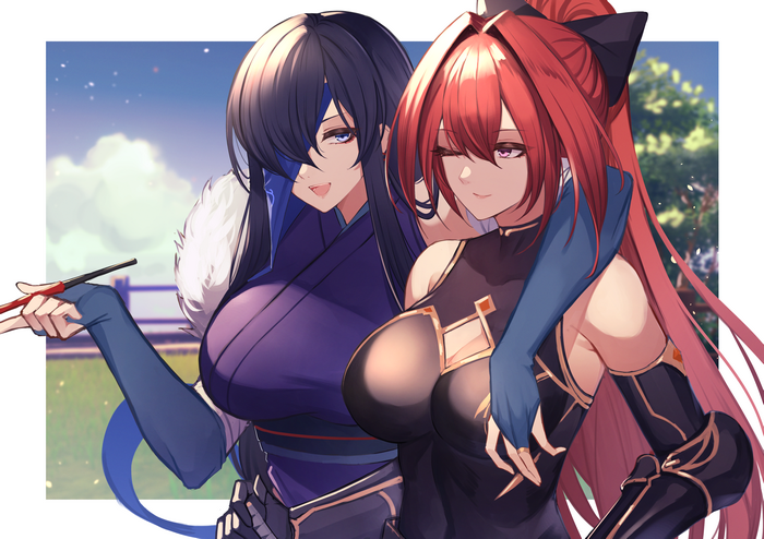 Two anime women with large breasts