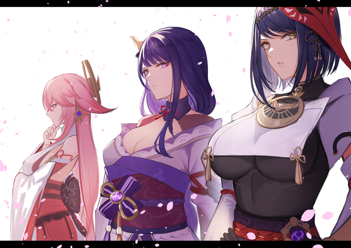 Yae Miko, Raiden Shogun, and Kujou Sara from Genshin Impact