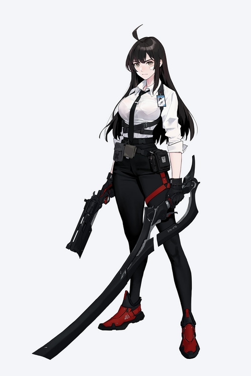 Woman in white shirt holding gun and sword