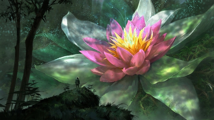 Fantasy art of a giant flower and a person