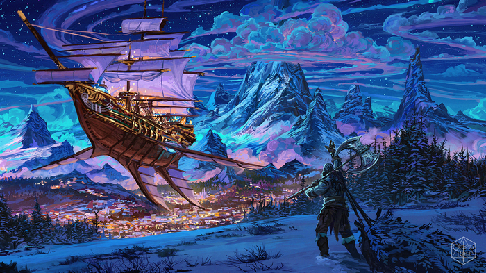 The Legend of Vox Machina Airship over a Snowy City