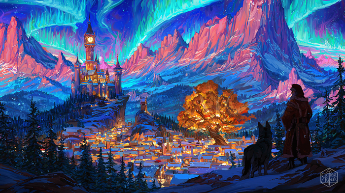 4K Critical Role Fantasy Castle and Town Under Aurora