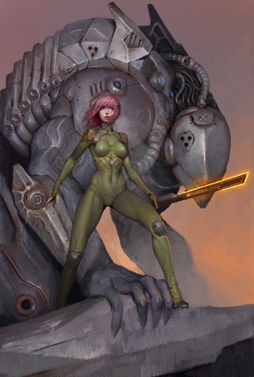 Woman with pink hair and a mech suit