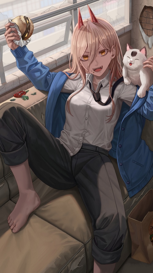 Power from Chainsaw Man eating a burger with a cat