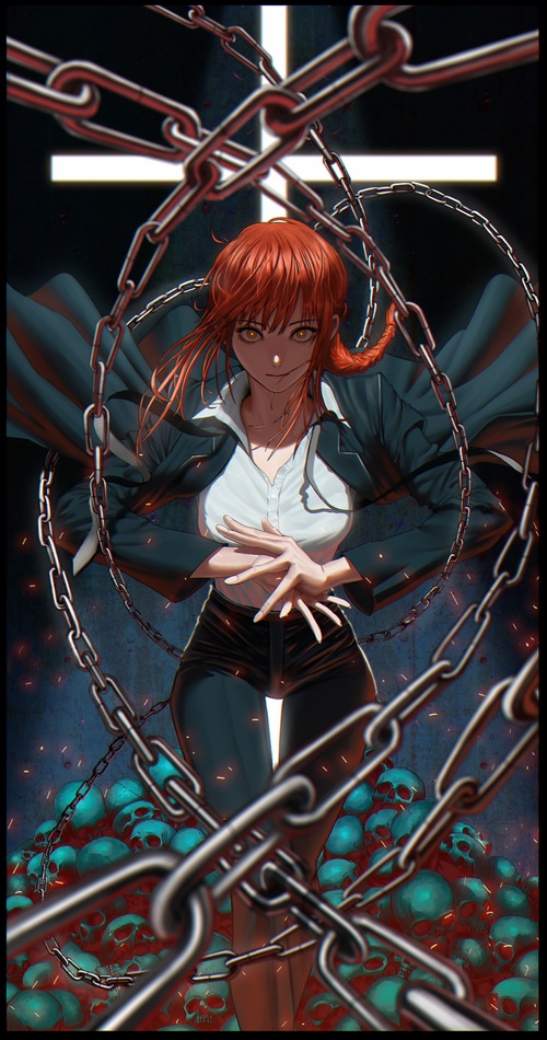 Makima from Chainsaw Man surrounded by chains and skulls