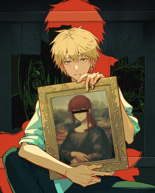 Denji holding a censored Mona Lisa painting, Chainsaw Man