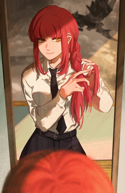 Makima braiding her hair in front of a mirror