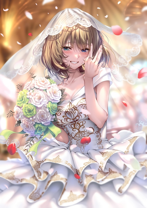 Bride in a white wedding dress with a bouquet