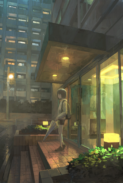 Girl with umbrella in the rain outside building