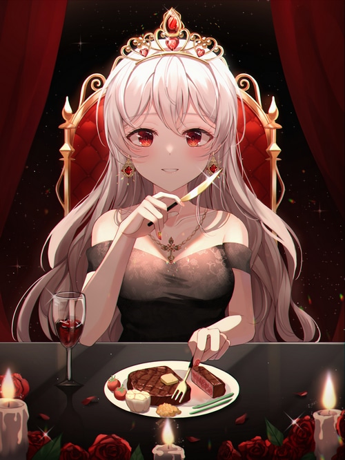 Anime girl with tiara eating steak