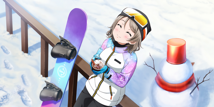 Watanabe You enjoying hot chocolate with a snowboard and snowman