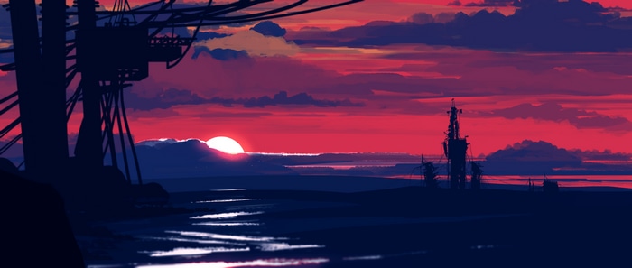 4K abstract concept art of a sunset over water