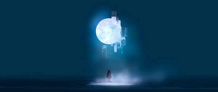 Abstract Moon and Figure in Blue Landscape