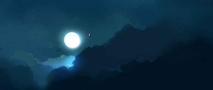 Gracile character flying near a bright moon and clouds