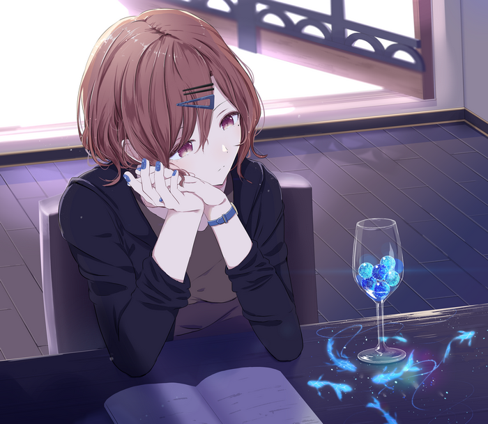 Madoka Higuchi with a wine glass and fish
