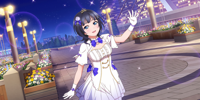 Asaka Karin in a white dress with blue accents